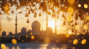 A serene sunset view of a mosque with sparkling lights in the foreground. photo