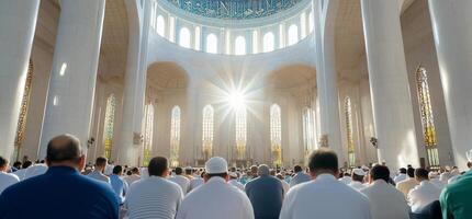 Worshippers in a grand hall during a religious gathering, illuminated by light. photo