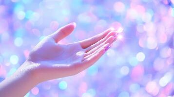 A hand reaching out with sparkling light against a colorful background. photo