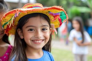 A smiling girl wearing a colorful sombrero in a lively outdoor setting. photo