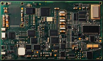 A detailed view of a printed circuit board with various components. photo