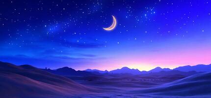 A serene desert landscape under a starry night sky with a crescent moon. photo
