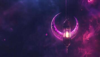 A mystical lantern with crescent moons in a colorful, ethereal background. photo