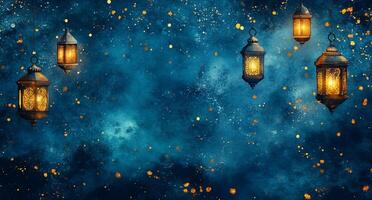 A mystical scene with glowing lanterns against a starry background. photo