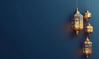 Ornate lanterns hang against a blue background, creating a warm ambiance. photo