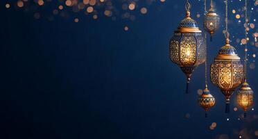 Decorative lanterns glowing against a dark blue background. photo