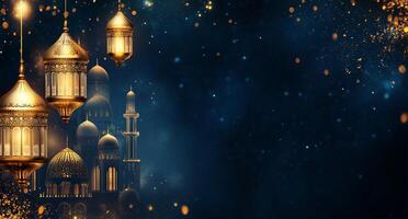 A serene night scene with lanterns and a silhouette of a mosque. photo