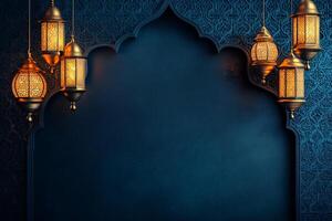Ornate lanterns hang against a dark, patterned wall backdrop. photo