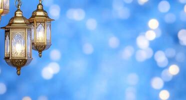 Decorative lanterns against a blurred blue background with bokeh lights. photo