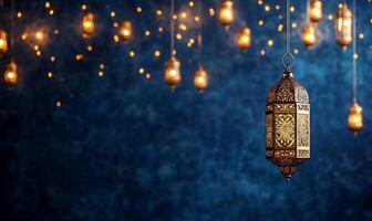 A decorative lantern hangs against a blue backdrop with glowing lights. photo