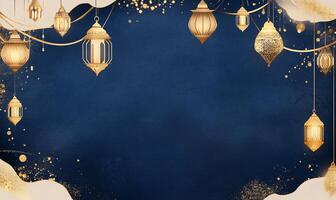 Elegant background featuring lanterns on a dark blue canvas. photo