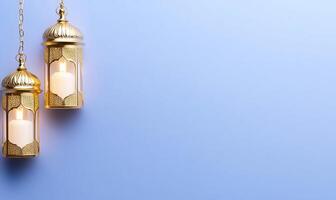 Elegant golden lanterns with candles against a soft blue background. photo