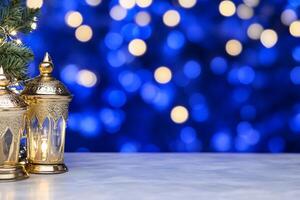 Elegant lanterns with a blurred blue background, creating a festive atmosphere. photo