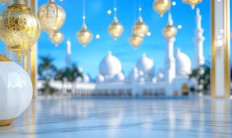 A serene view of a mosque with decorative lanterns and blue skies. photo