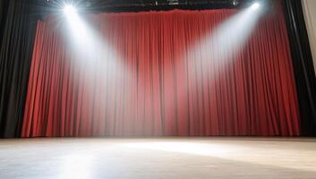 A theater stage with red curtains and spotlight beams, ready for a performance. photo