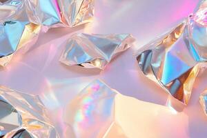 Crumpled metallic foil with iridescent reflections on a light surface. photo
