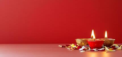 A serene display of candles and flower petals on a red background. photo
