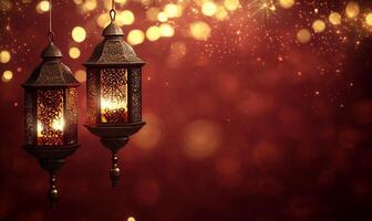 Two ornate lanterns glowing against a shimmering background. photo