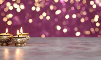 Three lit oil lamps on a surface with a blurred bokeh background. photo
