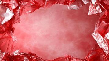 A textured frame of crumpled red plastic with a soft background. photo