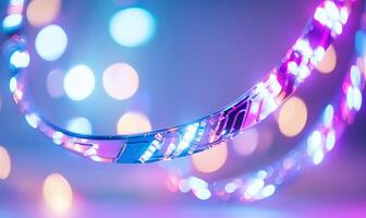 A close-up of a colorful, illuminated flexible strip against a blurred background. photo