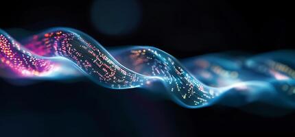 Abstract representation of flowing waves with colorful light particles. photo