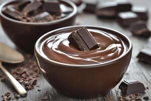 Rich chocolate pudding topped with chocolate pieces in bowls. photo