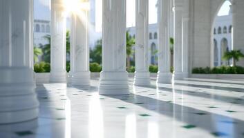 Elegant marble columns and sunlight in a serene architectural space. photo