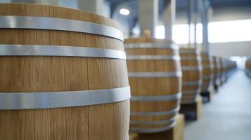 Oak barrels aging in warehouse, sunlight background. Stock photo for wine, spirits, brewery