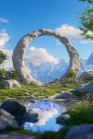 Stone circle portal, mountain backdrop, idyllic landscape, fantasy setting, game background photo