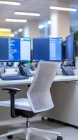 Modern office workstation, programmers coding, busy background, technology work photo