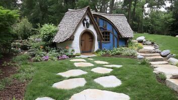 A small house with a stone path leading to it photo