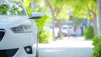 White car parked, sunny street, green foliage, urban background. Website banner, advertisement photo