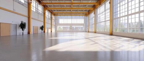 Sunlit spacious warehouse interior, ideal for event or industrial use photo