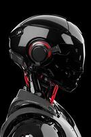 Sleek black robot head, profile view, dark background, futuristic tech photo