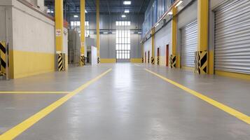 Factory interior, empty warehouse, floor markings, industrial building, production space, background, logistics, architecture, design photo