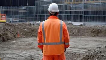 Construction worker overseeing site, urban background photo