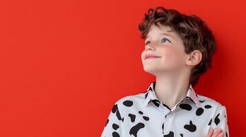 Boy gazing upward, red background, thoughtful expression, child portrait, website banner photo