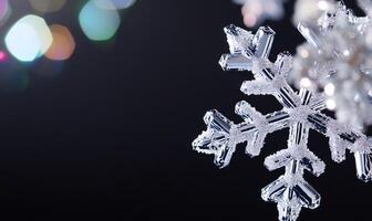 Sparkling snowflake, close-up, dark background, bokeh. Holiday card design photo