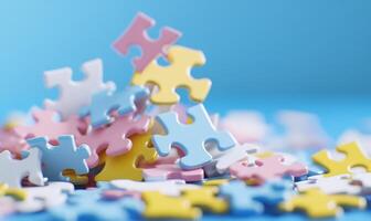 Colorful puzzle pieces scattered, blue background, problem-solving concept, website banner photo