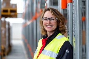 Warehouse worker smiles, shelves blurred background. Industry portrait photo