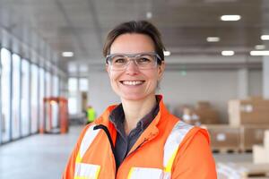 Smiling warehouse worker, safety glasses, logistics, background boxes photo