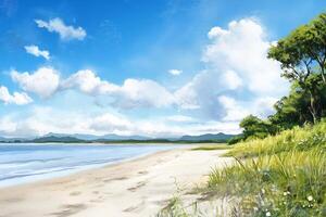 Sunny beach, coastal view, summer vacation, tranquil scene, ideal for travel ads photo