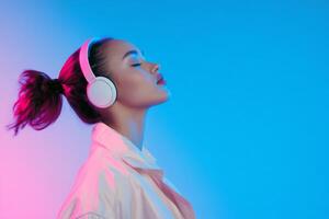 Woman enjoys music, neon background, profile view, peaceful expression, stock photo