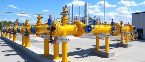 Yellow gas pipeline at refinery. Industrial plant background. Energy infrastructure photo
