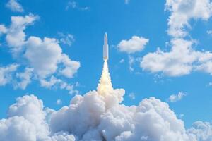 Rocket launch, blue sky, clouds, ascent, space exploration, science photo