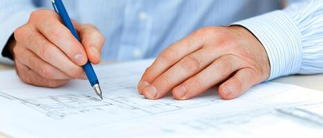 Man reviewing blueprints, office background. Construction project photo