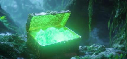 Glowing treasure chest in jungle, mystical background, fantasy adventure photo