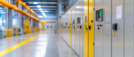 Industrial facility hallway, control panels, automated systems, background blurred. Use Stock photo for manufacturing, technology