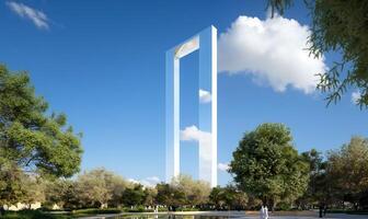 Gate-shaped tower in park, sunny day. Architectural rendering photo
